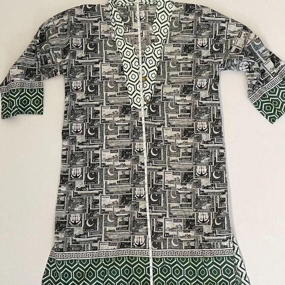 Cotton V-Neck Tunic/Kaftan Geometric Print Pakistan Stamp Print, Size XS - Picture 13 of 16